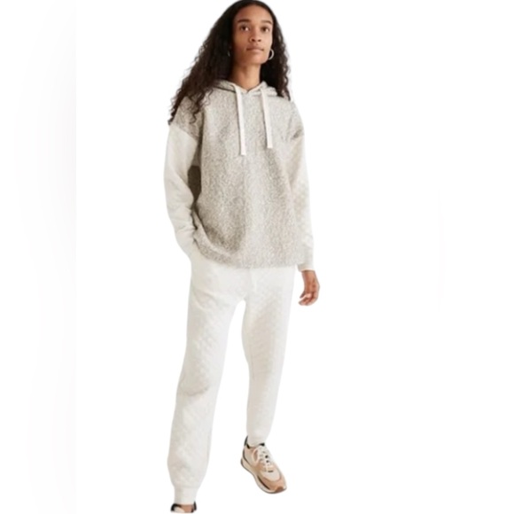 Madewell Quilted Sleeve Hoodie Sweatshirt Top in ivory and gray. Size‎ Large - Picture 2 of 16